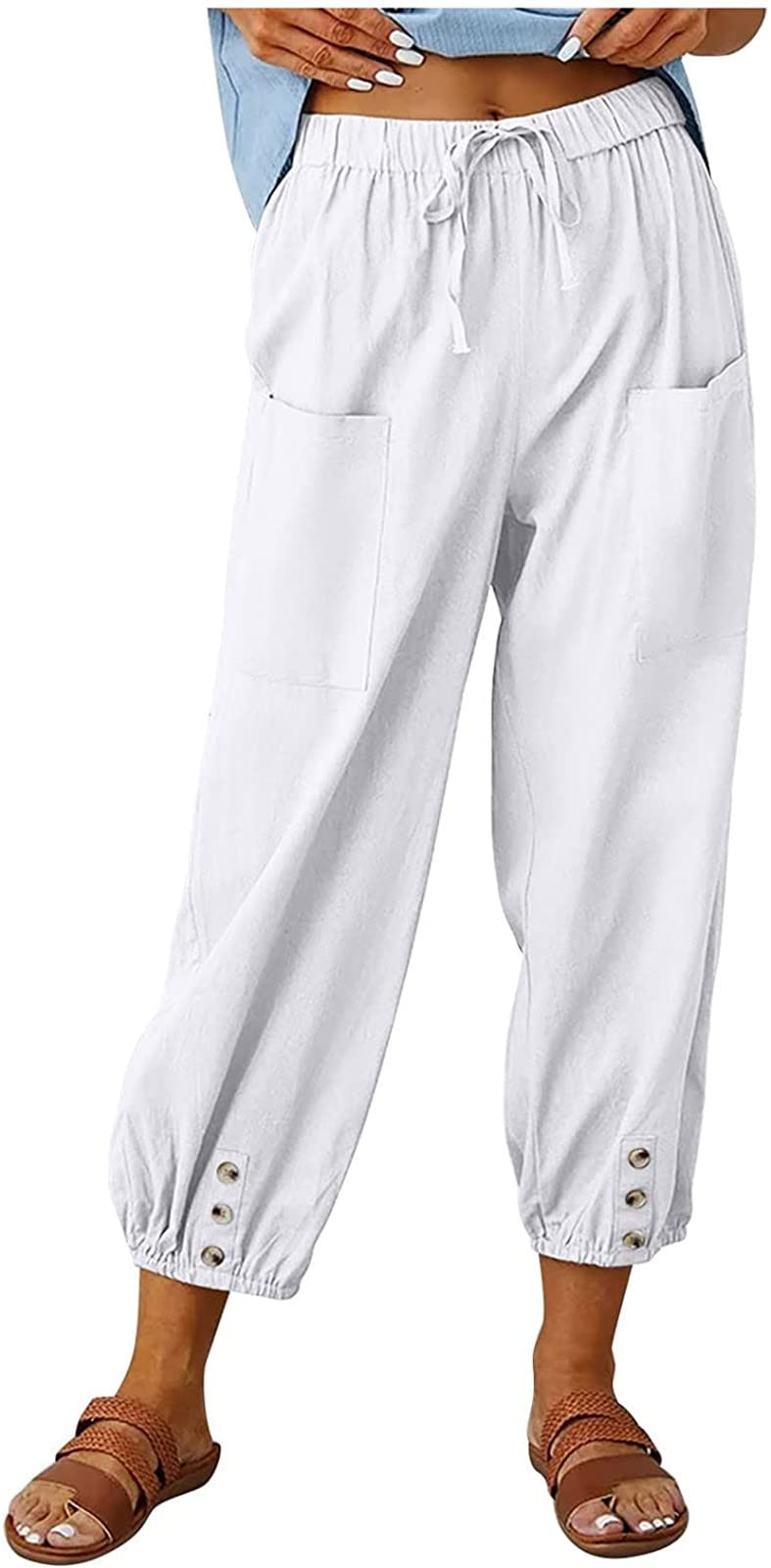 ASKSA Damen 7/8 Länge Hose Weitem Bein Freizeithose Leicht Sommerhose Lose Casual Leinenhose mit Taschen