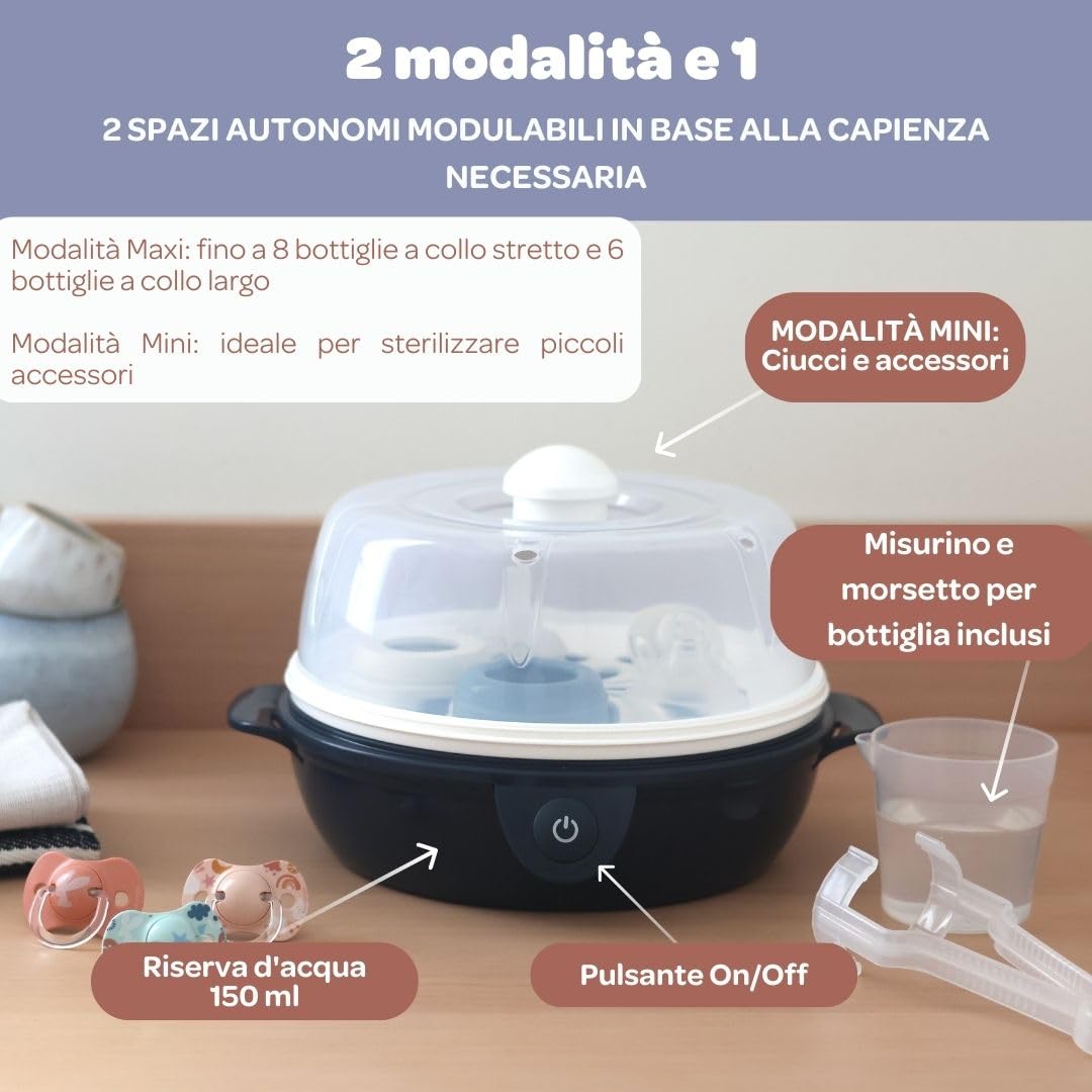 Béaba Sterilizzatore per biberon 2 in 1, Evolutivo, elettrico a vapore, 2 in 1, 2 scomparti, fino a 8 biberon e accessori, ultra rapido, timer, Steril'Express, blu notte