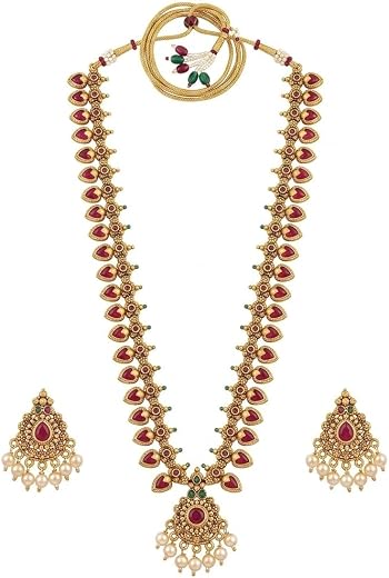INNOVATE ART IMPEX Antique Gold Finish Temple Jewellery Necklace Set for Women | Traditional South Indian Style Long Haar ...