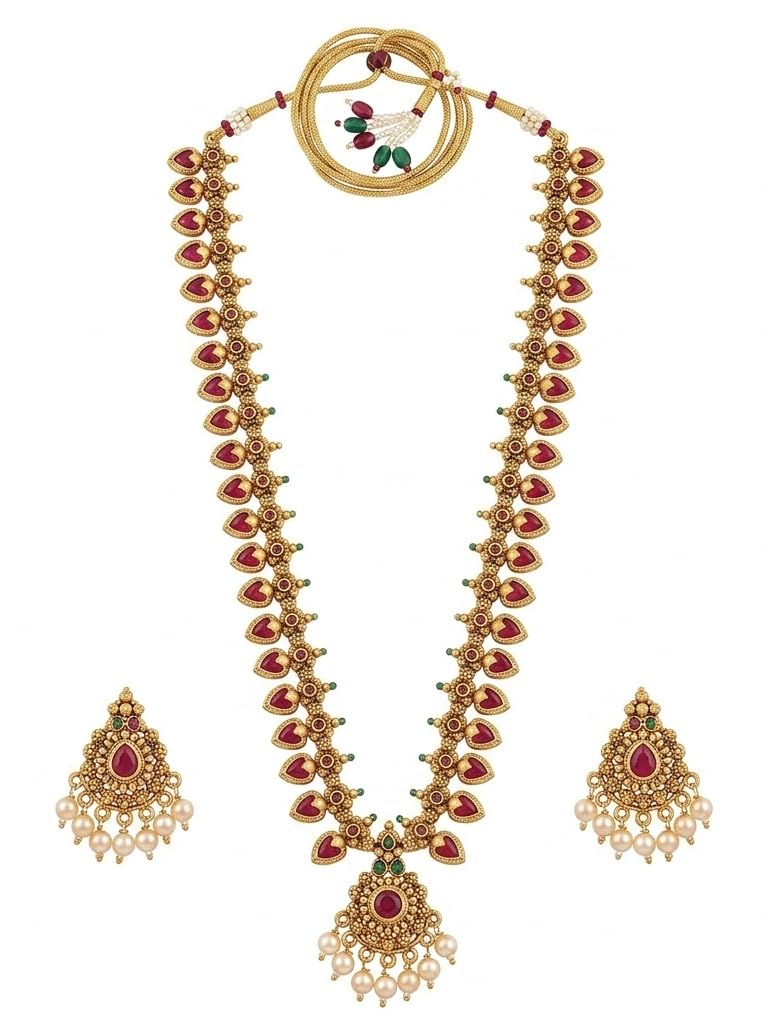 INNOVATE ART IMPEX Antique Gold Finish Temple Jewellery Necklace Set for Women | Traditional South Indian Style Long Haar with Pendant & Stud Earrings | Ruby & Green Stone Look | Wedding & Festive Charm-image-19