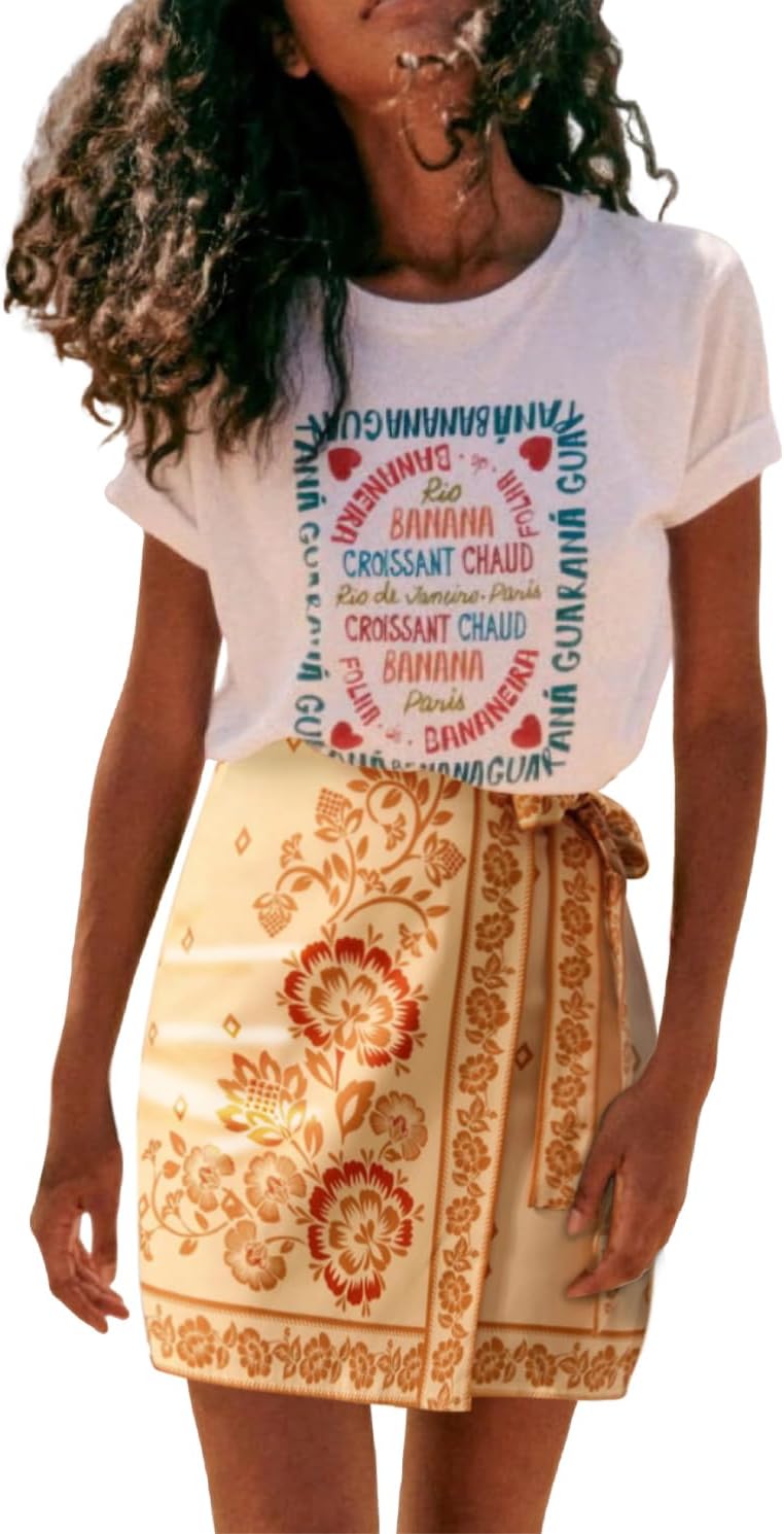 Womens Summer Floral Wrap Short Skirt Tie Side High Waist A Line Beach Vacation Boho Mini Skirt