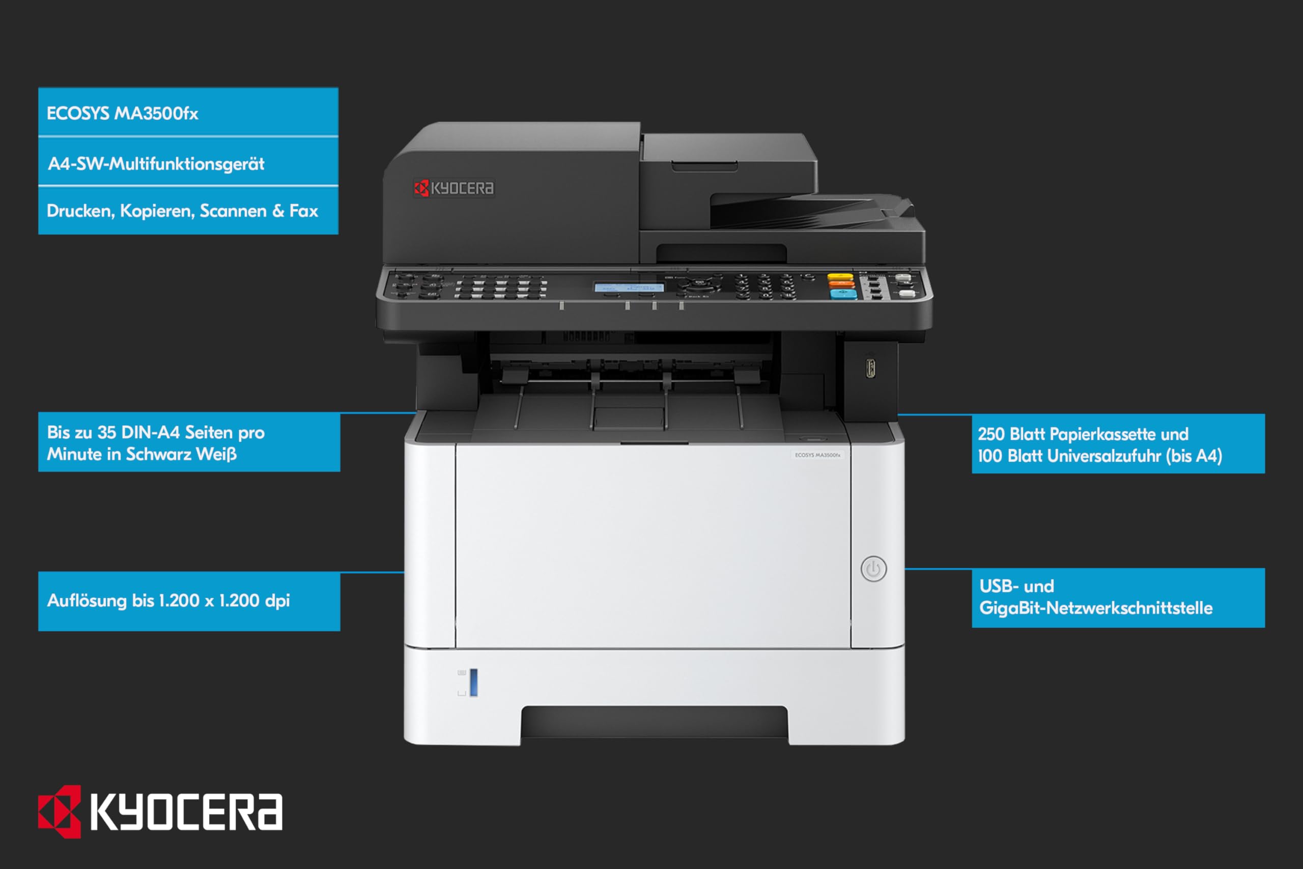 Kyocera Ecosys MA3500fx Multifunktionsdrucker Schwarz Weiss | Drucker Scanner Kopierer, Fax. 35 Seiten pro Minute. Laserdrucker Multifunktionsgerät mit Mobile-Print