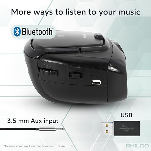 Miniatura 5 de Philco Boombox - Reproductor de CD portátil con Bluetooth, reproducción USB y reproductor de CD compatible con CD MP3WMACD-RCD-RW, entrada auxiliar,