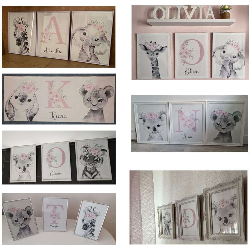 Youihom 3 Toile Prenom Chambre Bebe Enfant Poster Girafe Lion Fleurs Tableau Gris et Rose Affiche Personnalisée Bébé Salle de Jeux Decoration Murale Cadeau 30x40 sans Cadre
