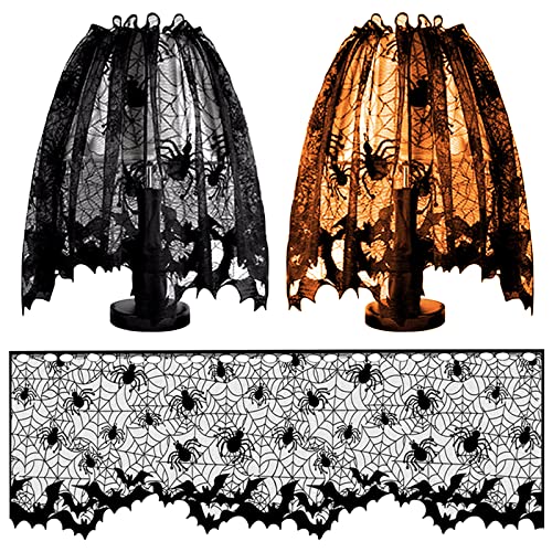 Lucleag 3Pcs Halloween Black Lace Spider Web Bat Lampshades Cover, 20X60 Inch Black Lace Lampshade Cover With Ribbon For Halloween Party Decorations Party Supplies Indoor Decor Supplies Gifts #TOP11