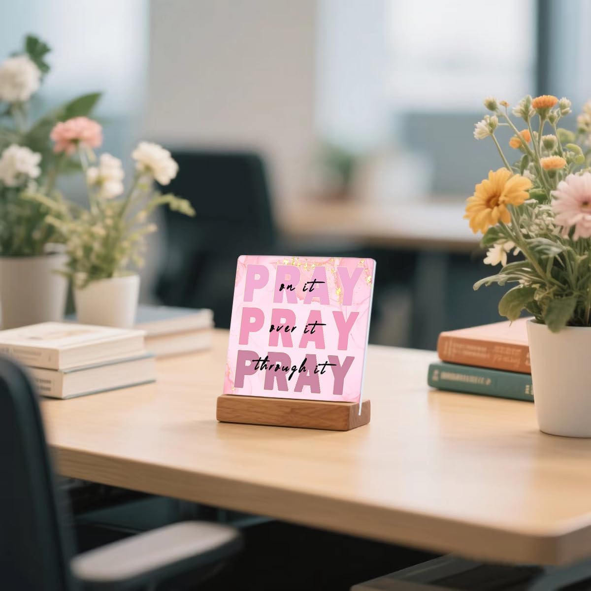 Pink Office Desk Decor for Women - Inspirational Gifts with "Pray On It Pray Over It Pray Through It" Bible Verse Sign, Dorm Room & Bedroom Decorative Accessories image 2