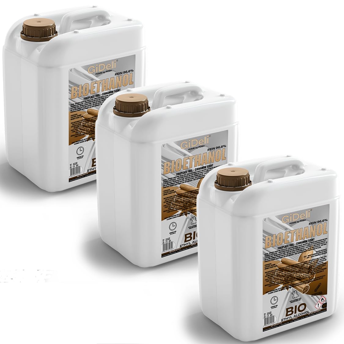 GiDeli bioetanolo 3 x 10 l con profumo di cannella 96,6% etanolo per camini interni ed esterni, senza fumo e fuliggine, da mais e barbabietola da zucchero