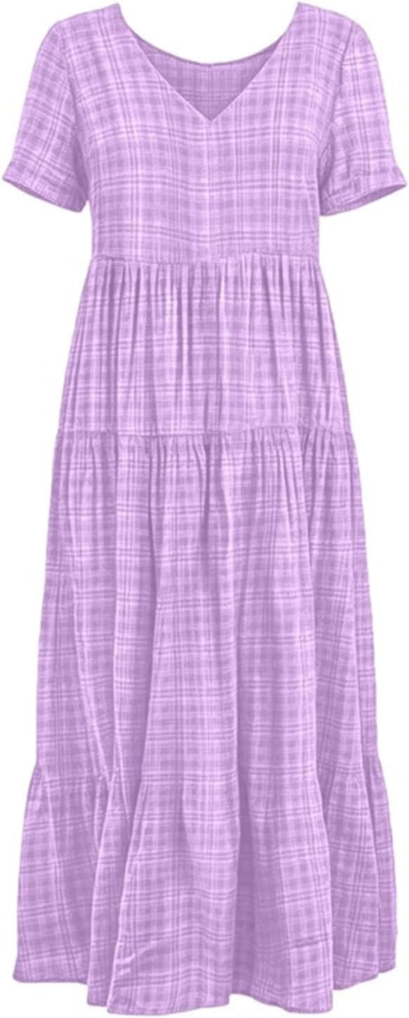 Womens Summer Midi Dress Short Sleeve Striped Plaid V Neck Shirt Dresses Pleated Layer Casual Beach Vacation Clothes