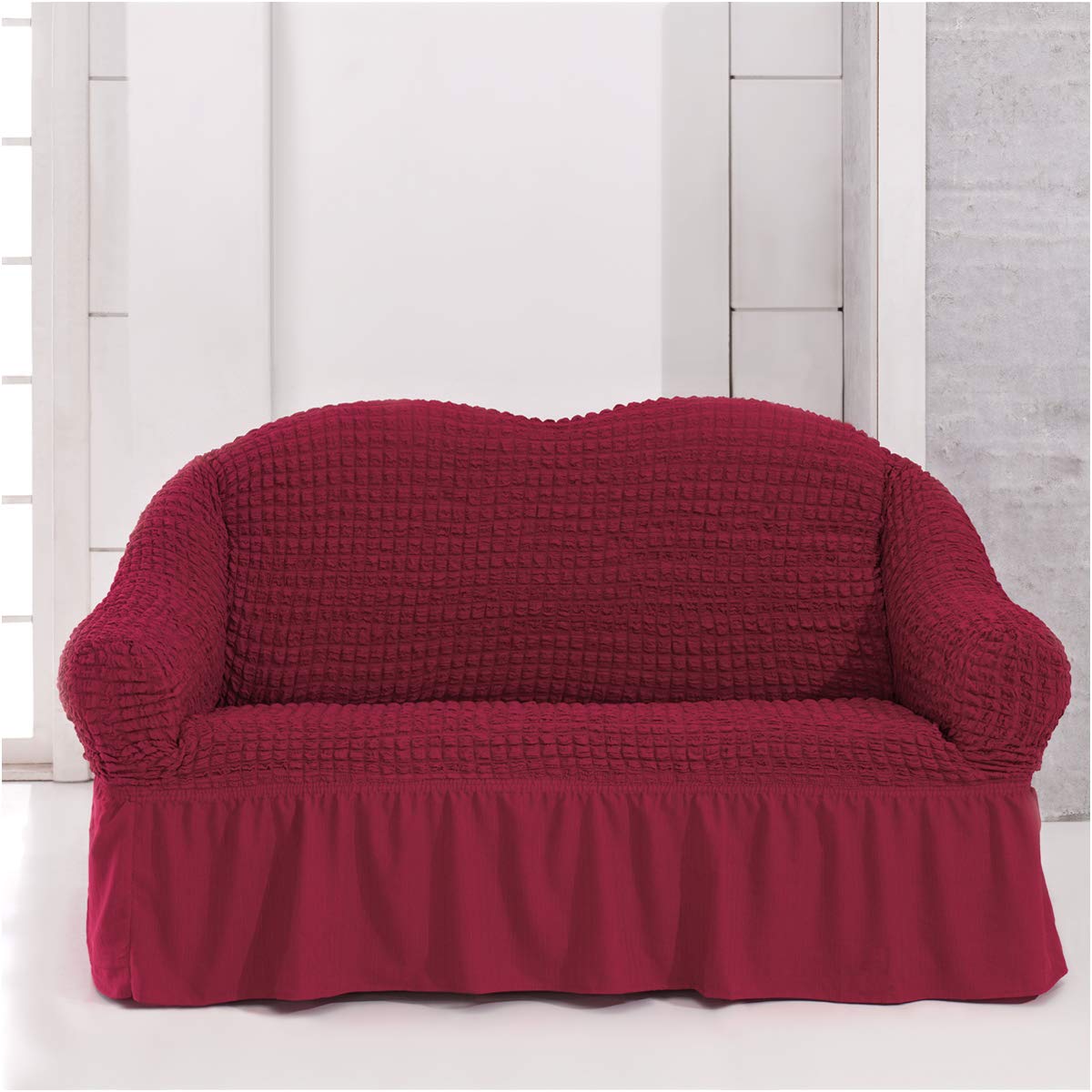 Fabienne Jacquard Fabric Sofa Cover Turkish Stretchable Couch Cover Furniture Protector Slipcover Fits on Standard and Recliner Sofa (2 Seater (145-175 cm), Claret Red)