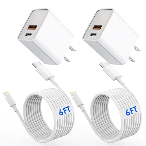 Cargador rápido para iPhone, certificado MFi 2 paquetes de 20 W de doble puerto PDQC3.0 USB C cargador de pared con cable USB C a Lightning de 6