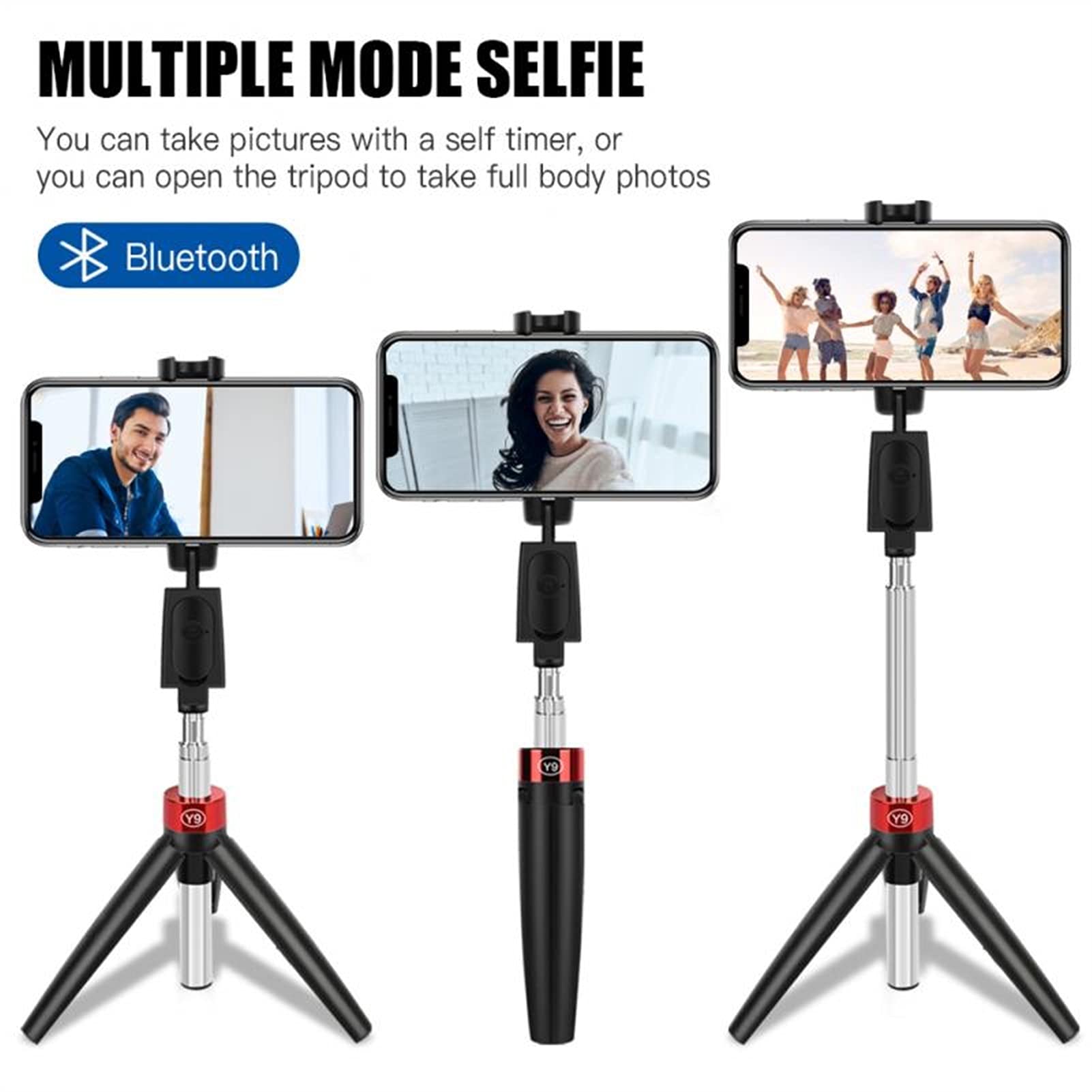 SCRUBY Bastone per selfie wireless Bluetooth 3 in 1 con treppiede, staffa pieghevole, design portatile, supporta il 98% dei telefoni cellulari (bianco Y9)