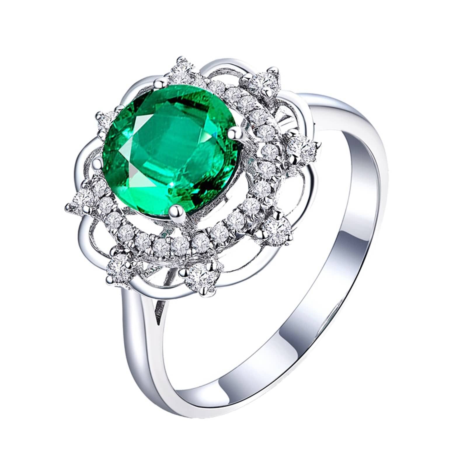 Anillos de boda para mujer, oro de 18 quilates/plata de ley 925, flor hueca con corte redondo de 1,4 quilates creado en laboratorio, anillo de compromiso de esmeralda, esmeralda sintética Cubic Zirconia