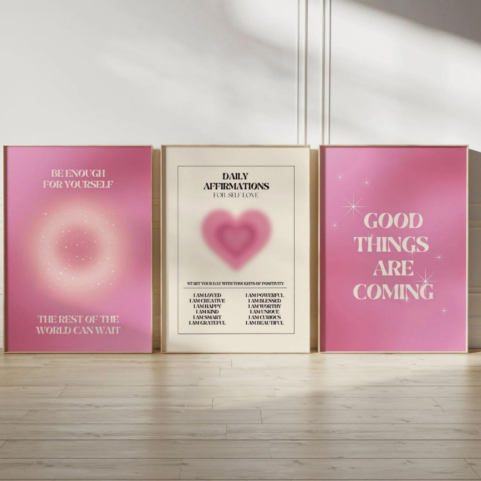 JORCEDI Y2K Pink Aura Canvas Wall Art Set of 3, Daily Affirmation Gradient Heart Posters Prints, Preppy Aesthetic Girls Room Decor, 21x30-50x70cm, Unframed (40x50 cm,A)