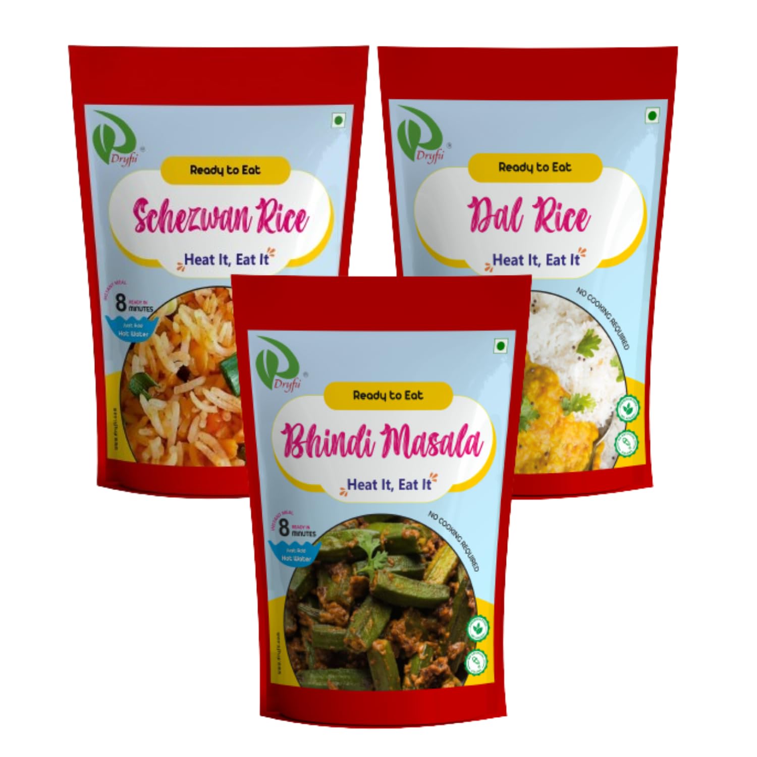 Dryfii Ready-to-Eat-Food | Instant Dehydrated | Healthy Combo Pouch Meal Schezwan Rice (75g), Dal Rice (100g) & Bhindi (50g) | Rehydrated Weight 750g (B0CKXR5Q6G) Amazon Price History, Amazon Price Tracker