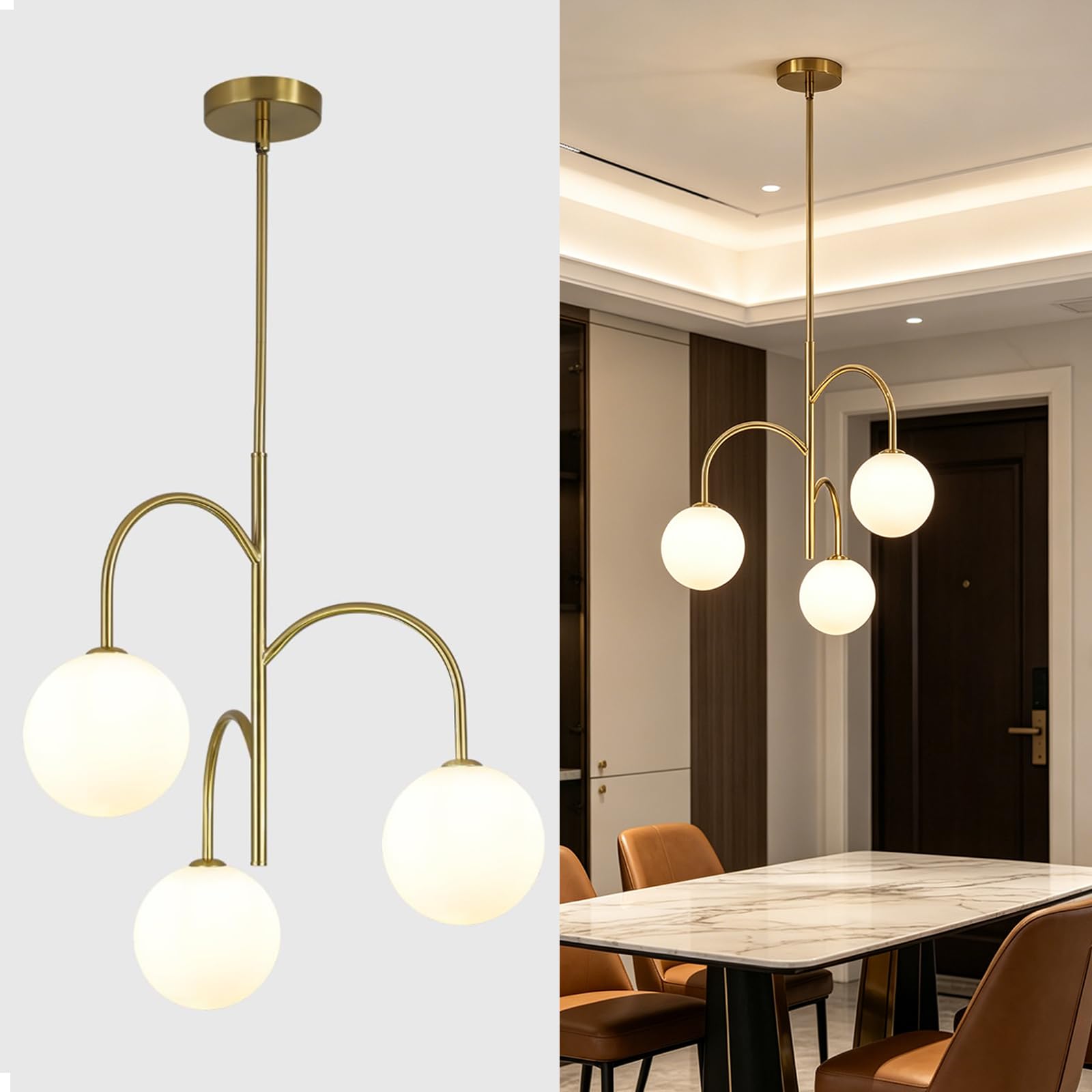 Photo 1 of Flyrose 3 Light Milk Glass Chandelier Small Gold Chandelier Vintage Bedroom Pendant Light Fixture White Globe Ceiling Light Mid Century Modern Sputnik Light