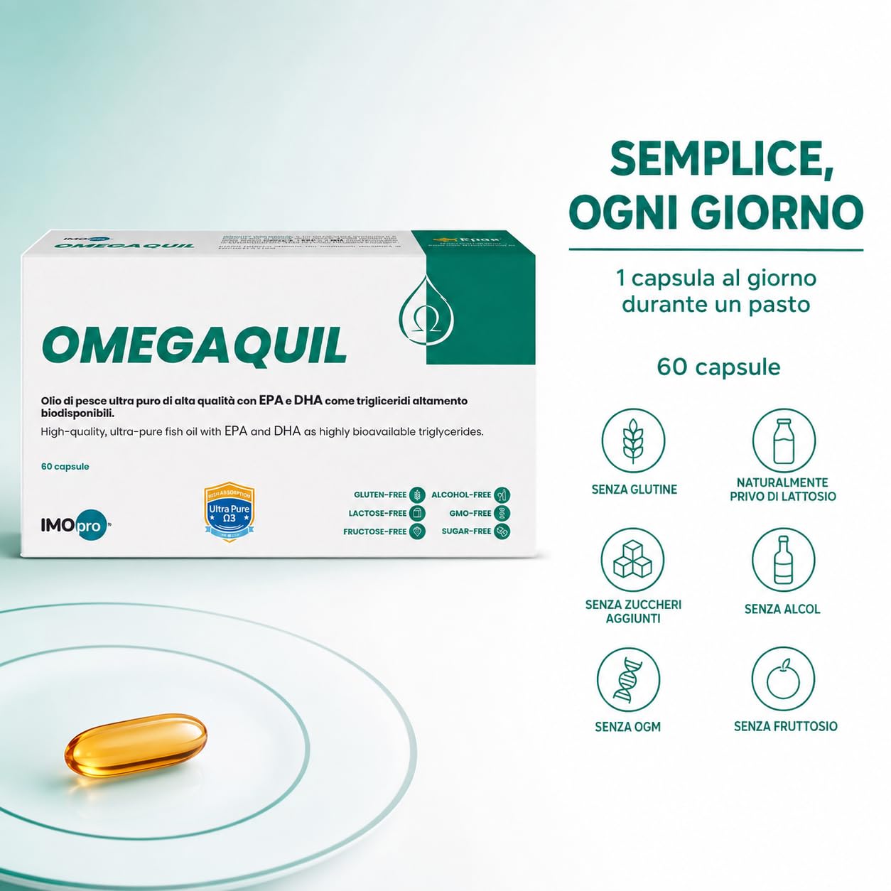 IMOpro Omegaquil 60 Capsule | Omega 3 con EPA e DHA 2:1 | Olio di Pesce Ultra Puro con EPA e DHA 2:1 in Trigliceridi Biodisponibili