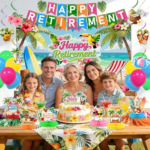Image of Luau Hawaiian Retirement Party Decorations Tropical Happy Retirement Banner Backdrop with Honeycomb Pom Poms Centerpieces Hanging Swirls Beach Summer Retirement Party Supplies