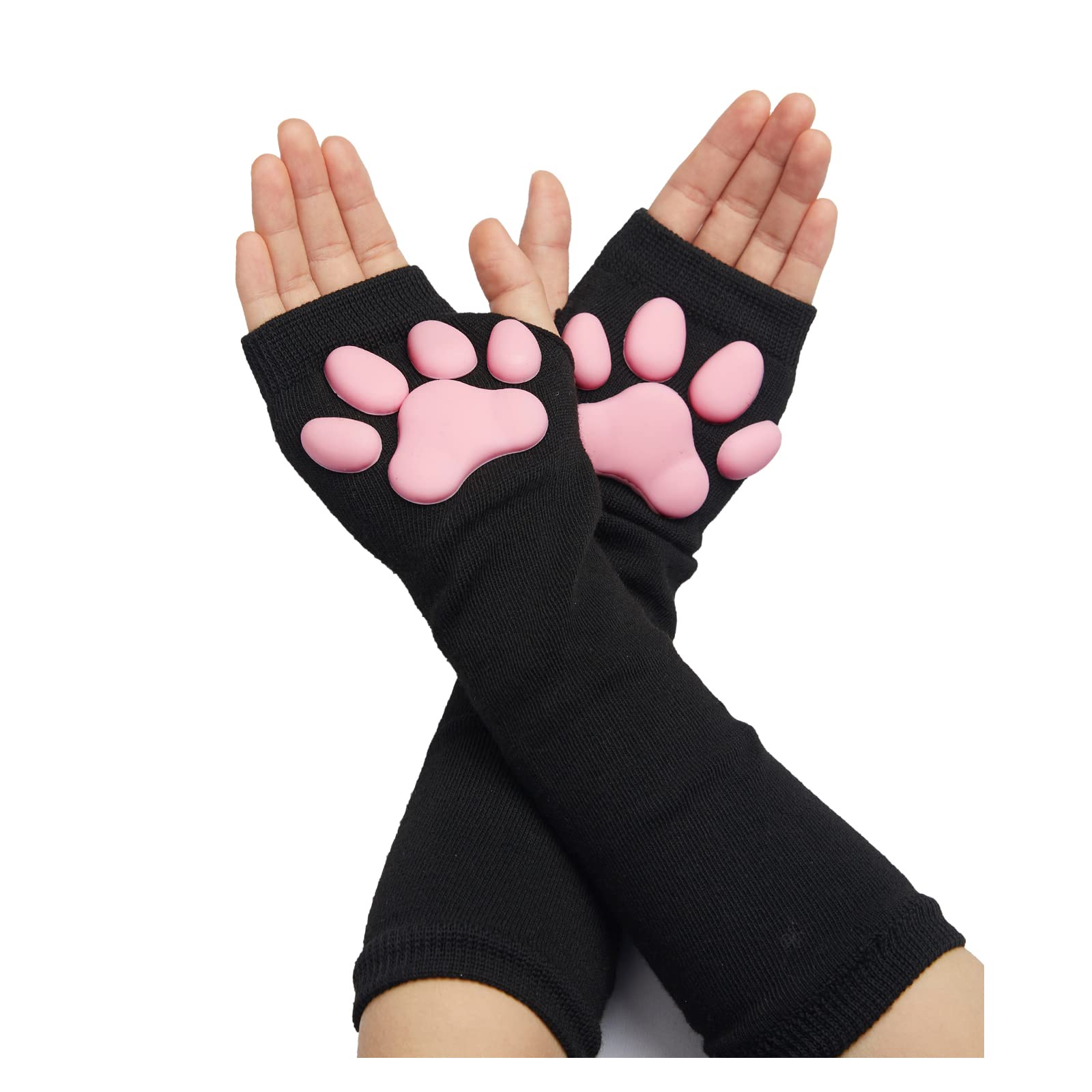 Sirolisa Women's Black Gloves 3D Silicone Cat Paw Mittens Gloves With Ears Tails Cute Paw Toes Beans Socks High Stockings Set For Girls Halloween Christmas Cosplay (Black Gloves)