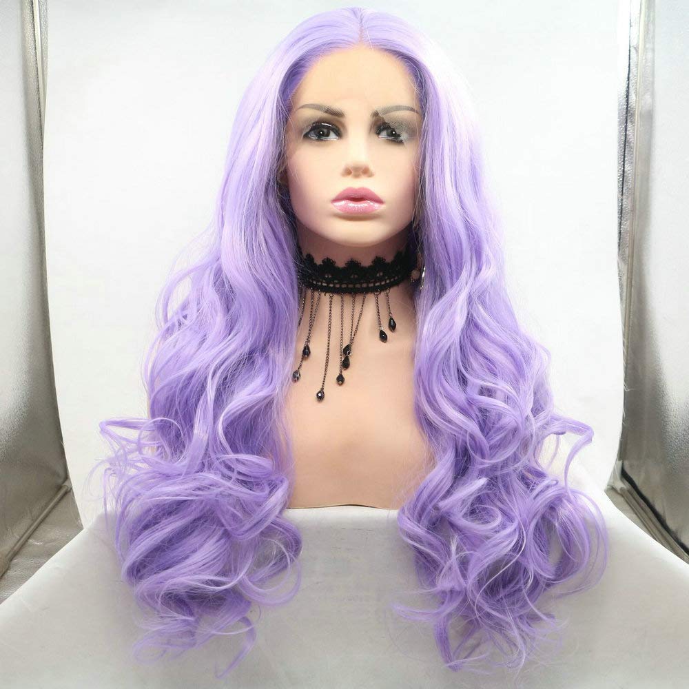3x13" Long Wave 24" Pastel Lilac Purple Wig Ladies Party Cosplay Travel Light Purple Synthetic Lace Front Wigs for Women Daily Use Drag Queen Body Wave Purple Wigs Natural Hairline - Image 2