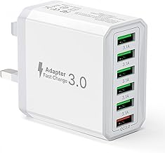 33W USB Plug Fast Charge, 6-Port Multi Charger Plug UK Charging Power Adapter Multiple Quick Charge 3.0 Wall Mains Plug for iPhone 16 15 14 13 12 11 Pro Max X XR XS 8 7 6 6S Plus 5 5S SE, iPad