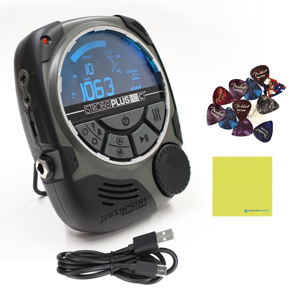 Peterson Tuners StroboPLUS HDC Handheld Strobe Tuner, Metronome, Timer Bundle with 12x Guitar Picks & Liquid Audio Instrument Polishing Cloth
