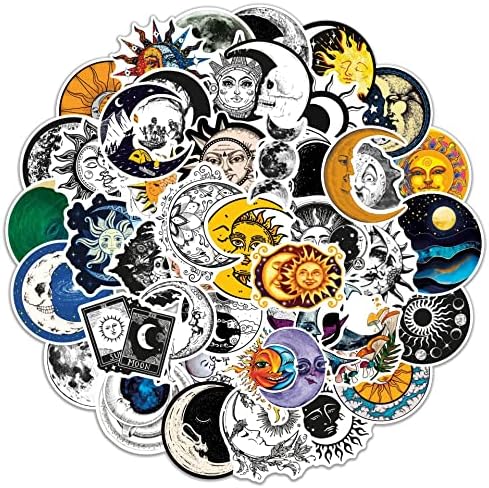 Moon Stickers The Sun and Moon Planet Stickers | 50Pcs | Astronomy Celestial Aesthetic Stickers for Boys Girls Water Bottle Laptop Computer Car (Black)