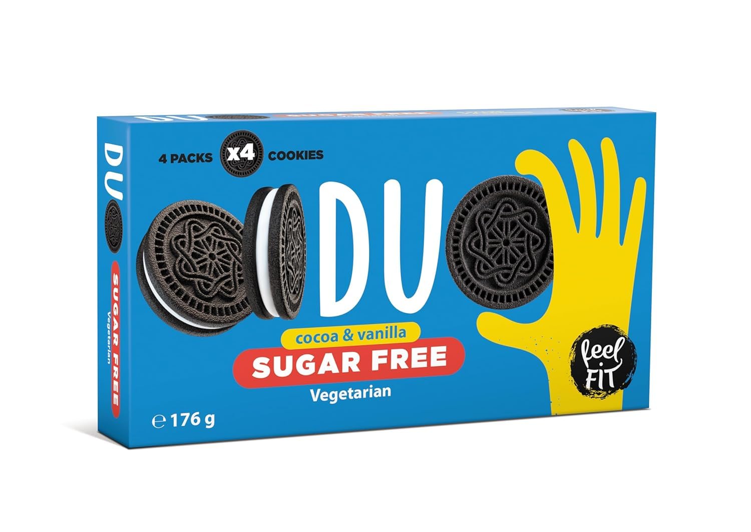 Feel FIT Duo Sugar Free Kakao Kekse mit Vanille Creme (12x 176g) – Süßigkeiten für Unterwegs ohne Zuckerzusatz - Schoko Sandwich Keksen (4 Tütchen mit 4 Keksen in der pack)