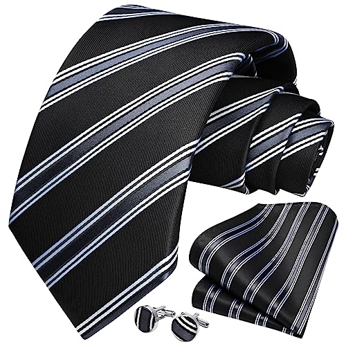 Image of HISDERN Mens Ties Set Stripe Plaid Ties for Men and Pocket Square Cufflinks Formal Silk Necktie Wedding Business
