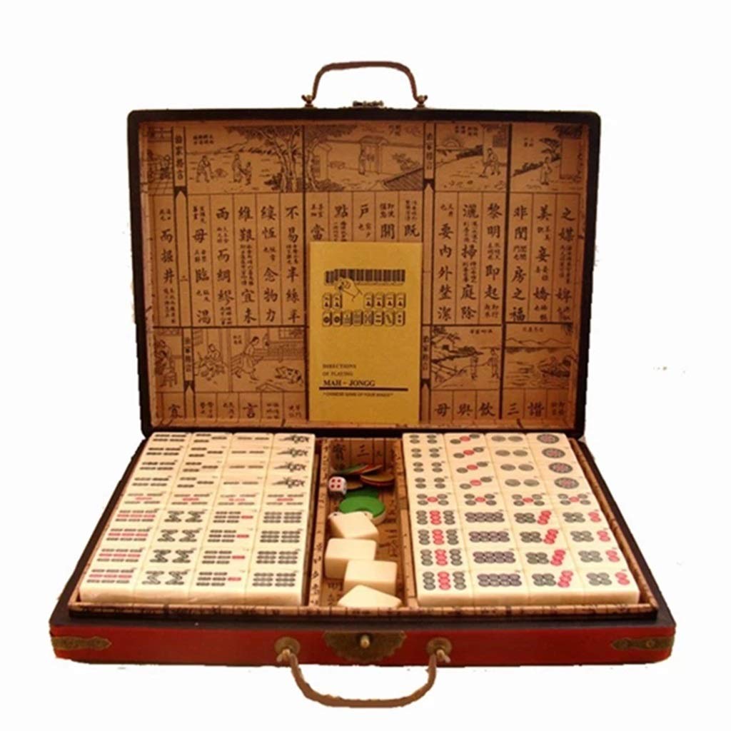 Chiński Mahjong z pudełkiem, mata, gra planszowa, gry karciane, 144 tradycyjne chińskie gry mahjong na rękę, nadaje się na imprezy, rozrywkę (rozmiar: 36 x 28 x 20)