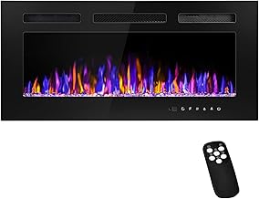 Chimenea eléctrica de 36" de pared montada y empotrada con control remoto, calentador de chimenea de pared ultra delgado de 750/1500W con temporizador, color de llama y brillo ajustables, juego de troncos y opciones de cristal