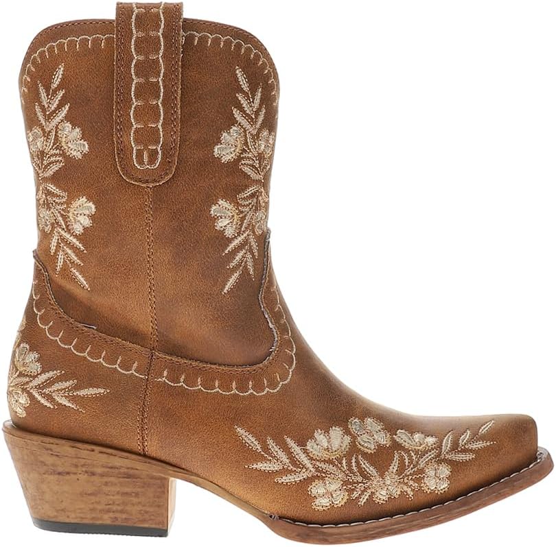 ROPER Womens Wynona Floral Embroidered Snip Toe Casual Boots Ankle Low Heel 1-2" - Brown