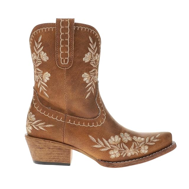 ROPER Womens Wynona Floral Embroidered Snip Toe Casual Boots Ankle Low Heel 1-2 - Brown - Size 7