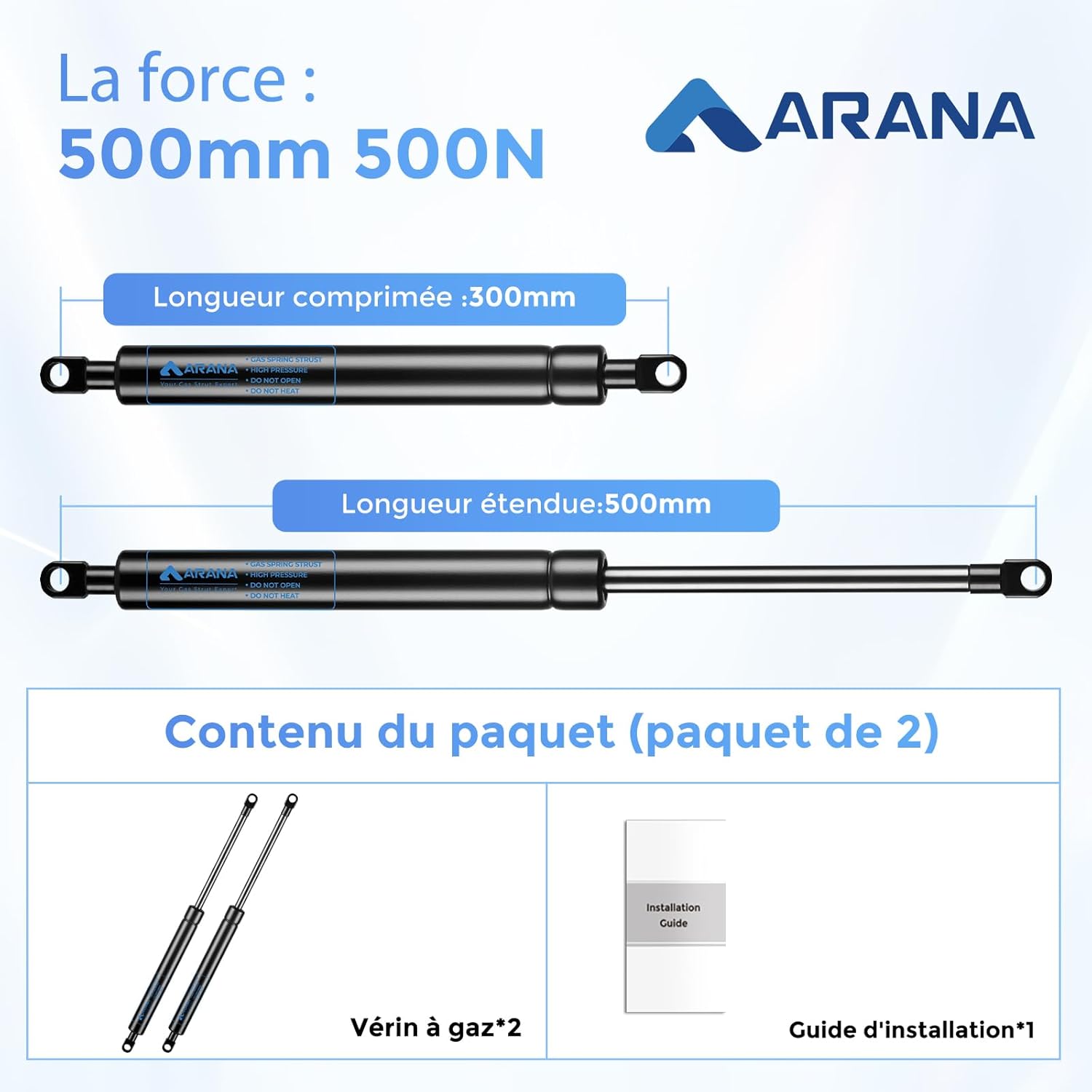 Diagram showing compressed and extended lengths of the gas strut, and package contents.