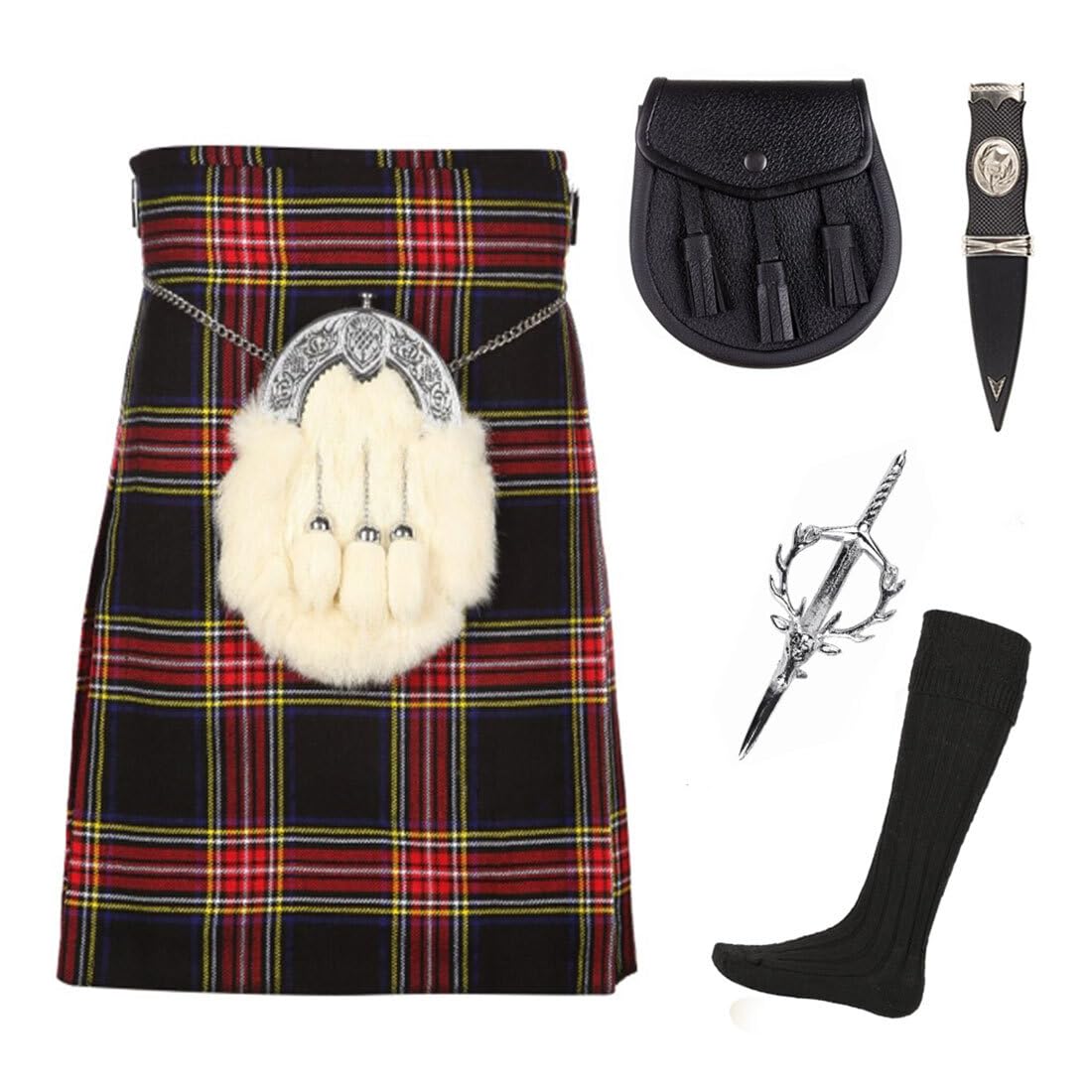 The Scotland Kilt Company Men's Party 5 Yard 5 Piece Kilt Package Sporran, Accessory & Hose - Black Stewart - 46”