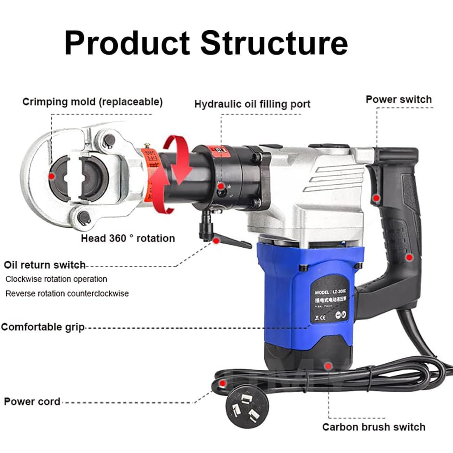 Elektryczne hydrauliczne szczypce do zaciskania ręczne elektryczne hydrauliczne zaciskarki do drutu 16-300mm² narzędzie do zaciskania kabli szczypce do zaciskania końcówek LZ-400C