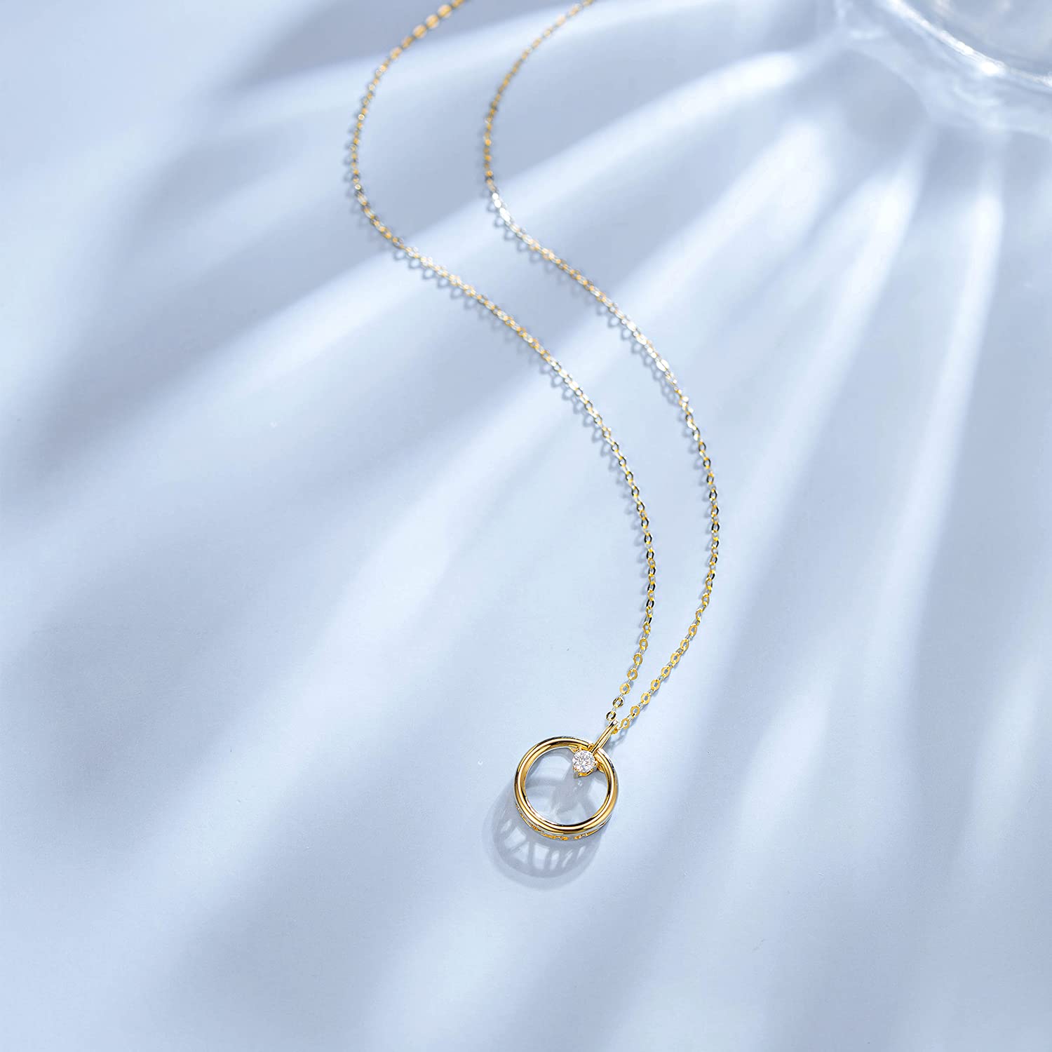 FANCIME Solide 14 Karat 585 Gelb Gold Kette Kreis Anhänger mit 0,045ct Natürliche Diamant, Geschenk Schmuck für Damen Mädchen, Verstellbares Kette: 40 + 5 cm