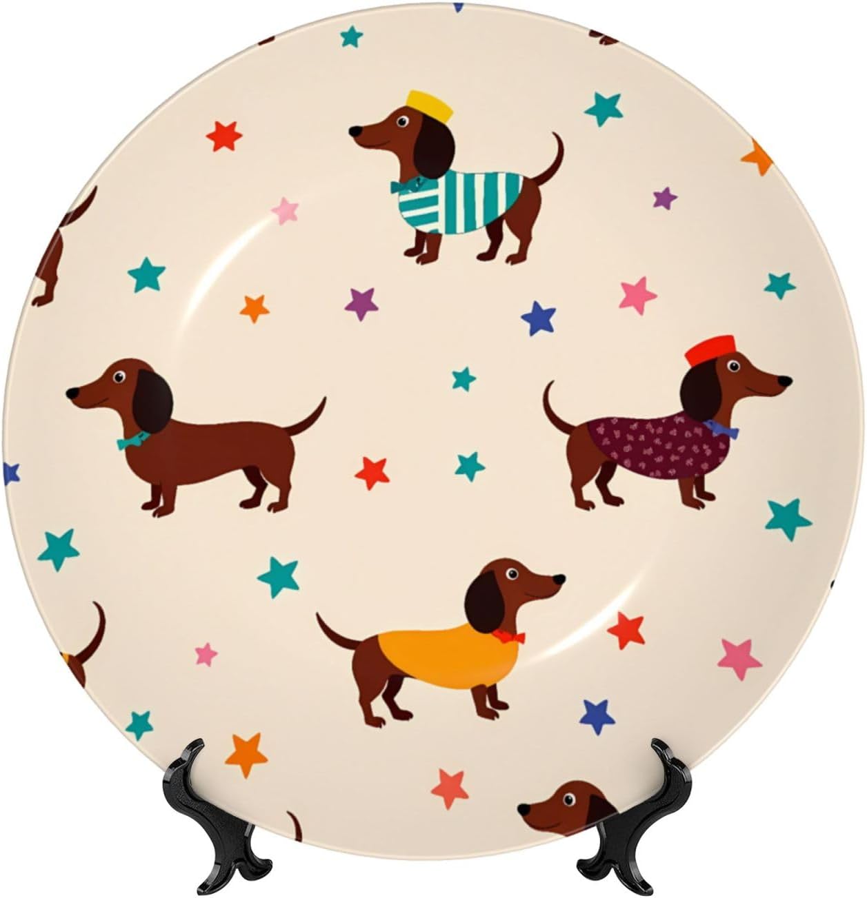 Cute Dachshund Pattern Style Ceramic Plate Display Decorative Plate With Stand Wall Hanging Plate For Home Decor 10 Inch