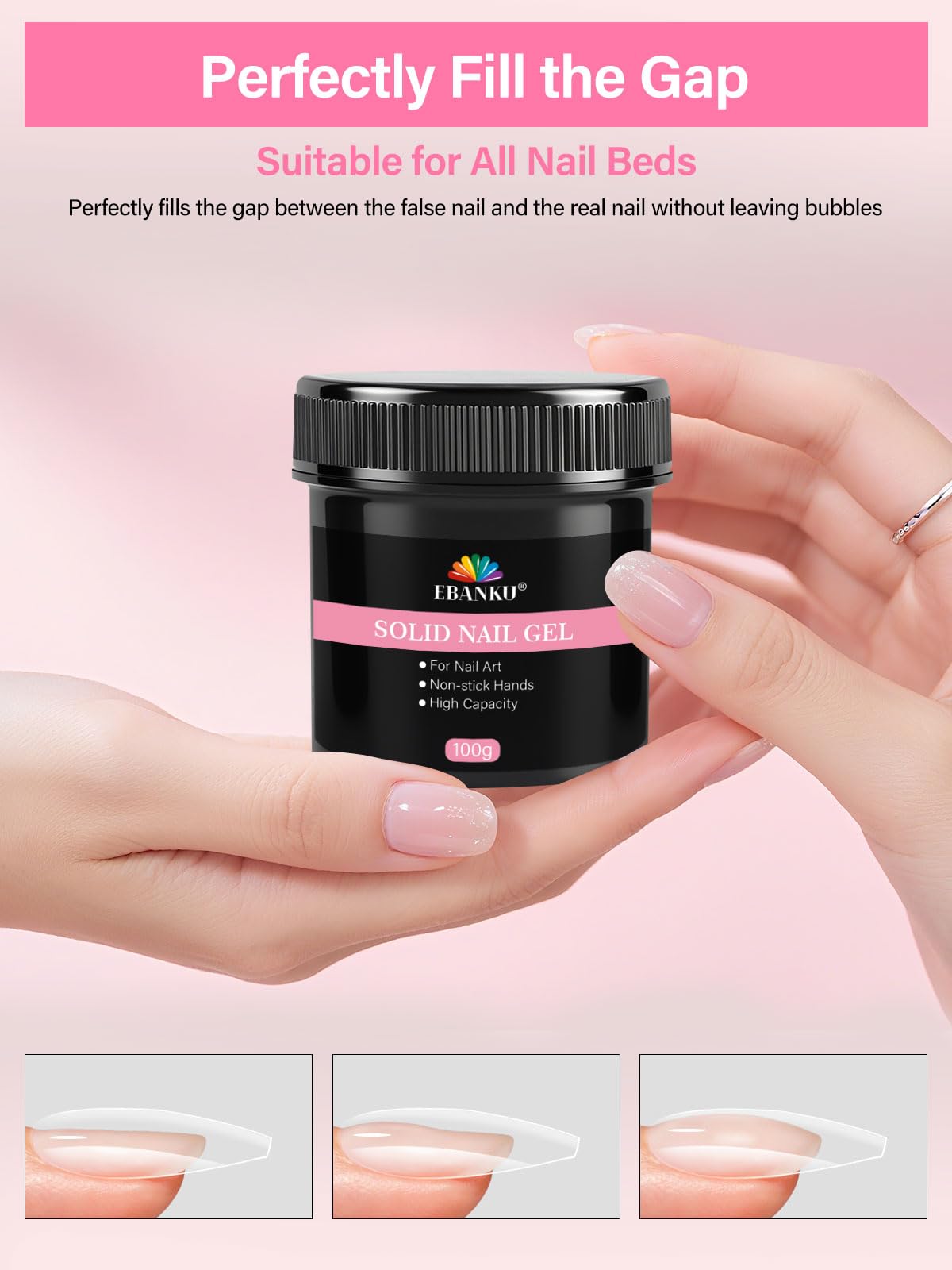 100g Colle gel solide, EBANKU 3 en 1 ultra-forte pour ongles pressés, ongles acryliques et nail art 3D, sans résidus, nécessite une polymérisation UV/LED pour un fini durable