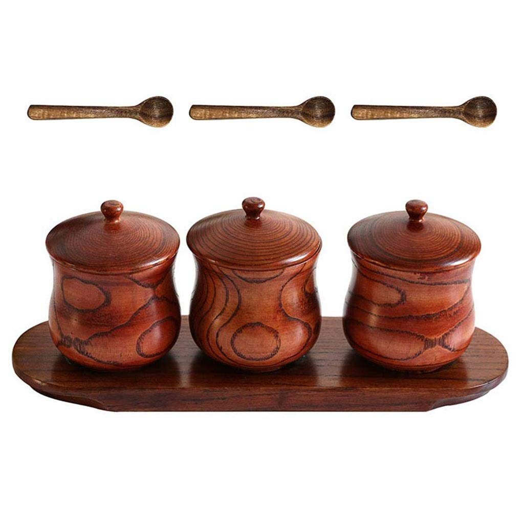 CMBSSTFC Barattoli per condimenti, Contenitore per Sale per Cucina, Scatola per condimenti - Set di barattoli per condimenti integrati con Coperchio a Cucchiaio Combinazione Cucina Casa Legno Grande