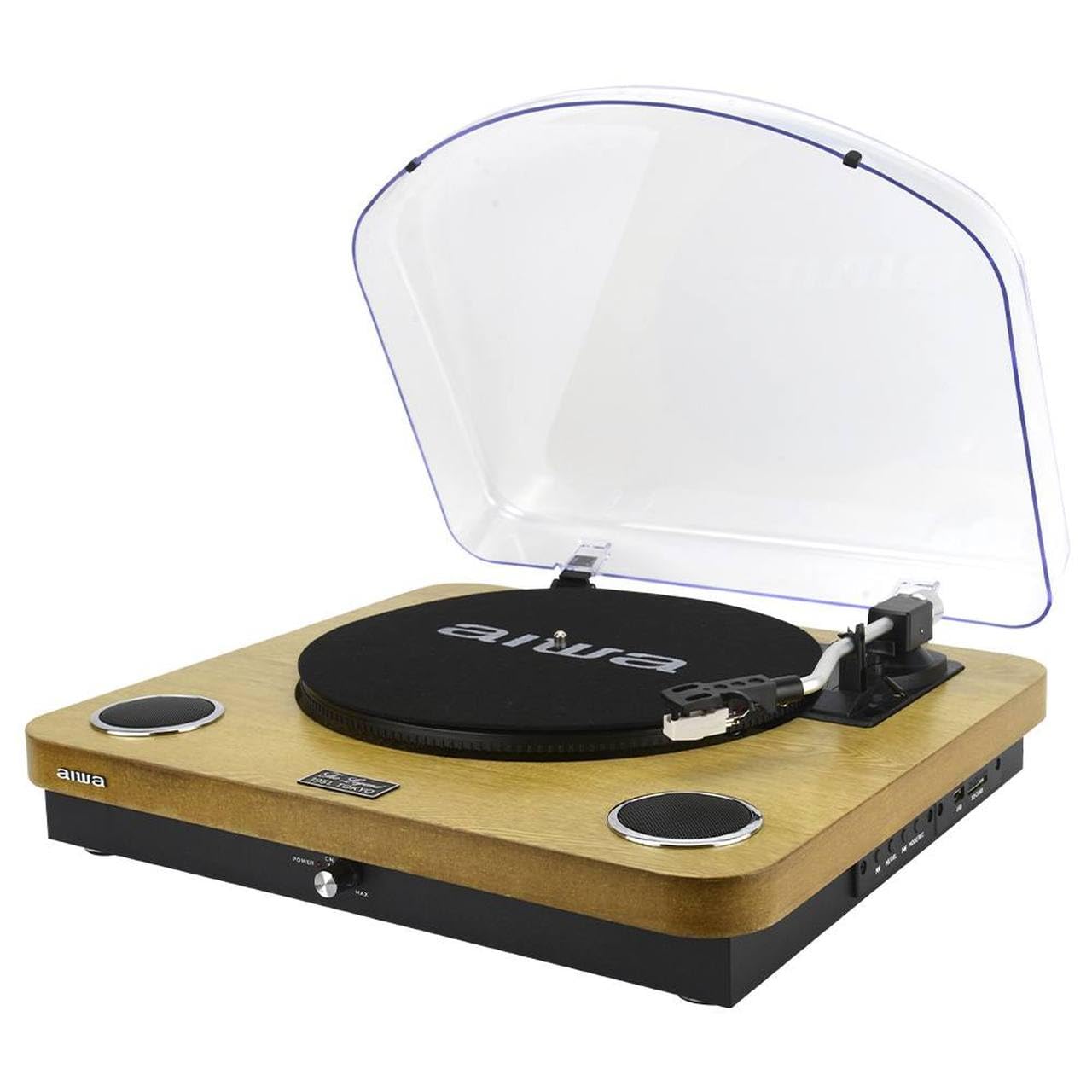 AIWA – Giradischi LPS-25WD | 3 velocità 33/45/78 giri; Bluetooth 5.4; Speaker integrati 2×5W; USB/Audio RCA; Radio FM, Colore Legno