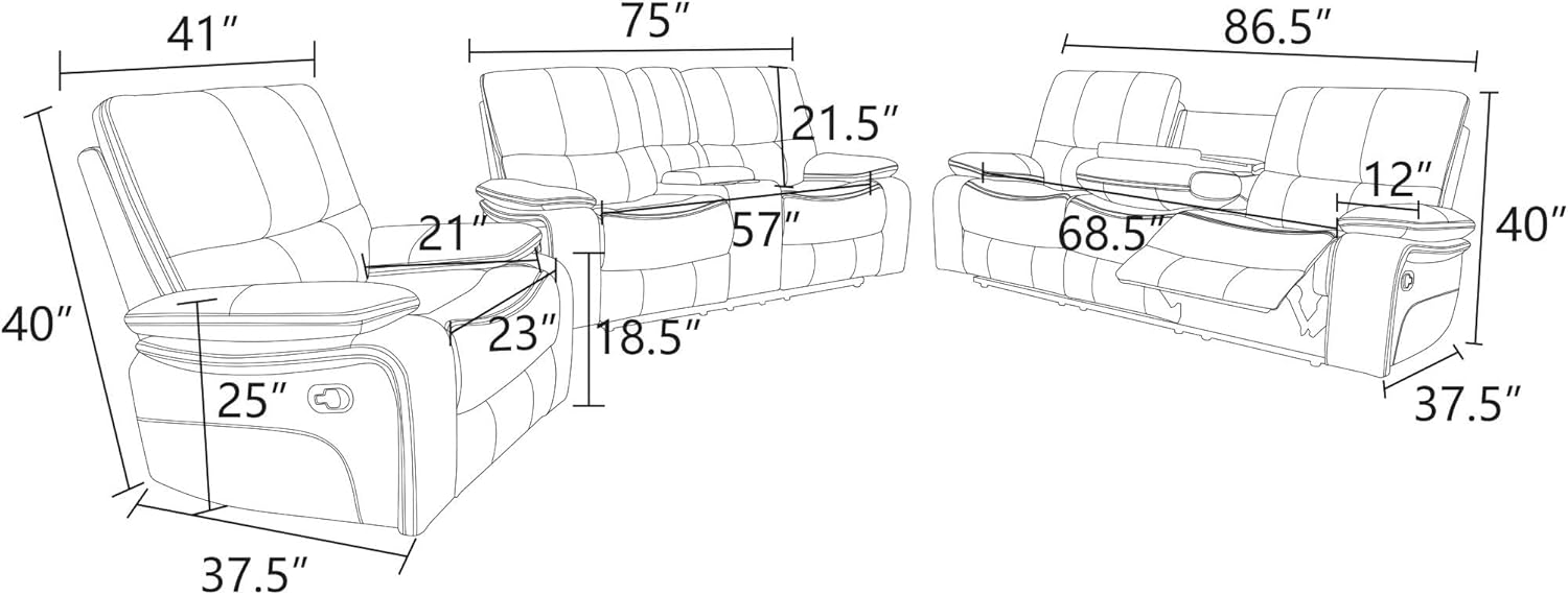 Leather Recliner Sofa Set with Storage Console & Cup Holders, Manual Reclining 3-Piece Set (Sofa, Loveseat, Chair) for Living Room, Creamy White – Living Room Furniture for Home Office