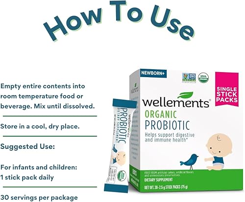 Miniatura 5 de Wellements Paquetes de probióticos orgánicos en barra  Apoya la salud digestiva e inmunológica para bebés, bebés y niños pequeños  Sin sabor y fácil