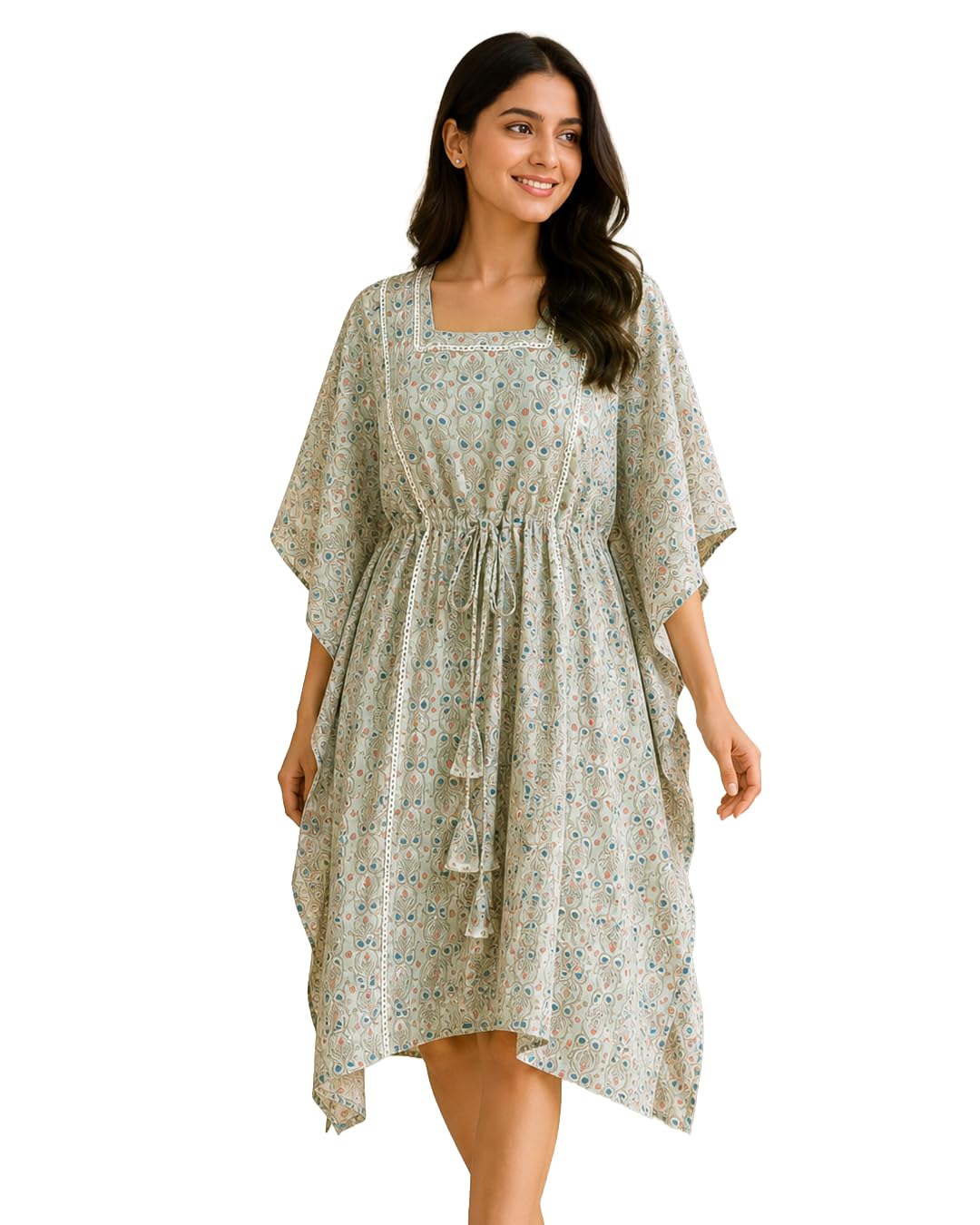 Ivory Paisley Cotton Kaftan Dress for Women | Relaxed Fit Drawstring Midi Dress | Lightweight Printed Cotton Lounge & Resort Wear Kaftan by Yukti-image-24