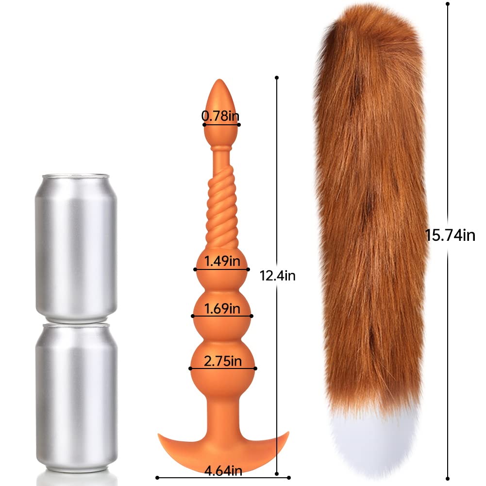 Anal Beads with Removable Foxtail Extra Long Fox Tail Anal Butt Plug Sex Toy Liquid Silicone Anal Plugs Anal Stimulator for Men Women Couples Cosplay Anal Trainer Erotic SM Sex Games (L)