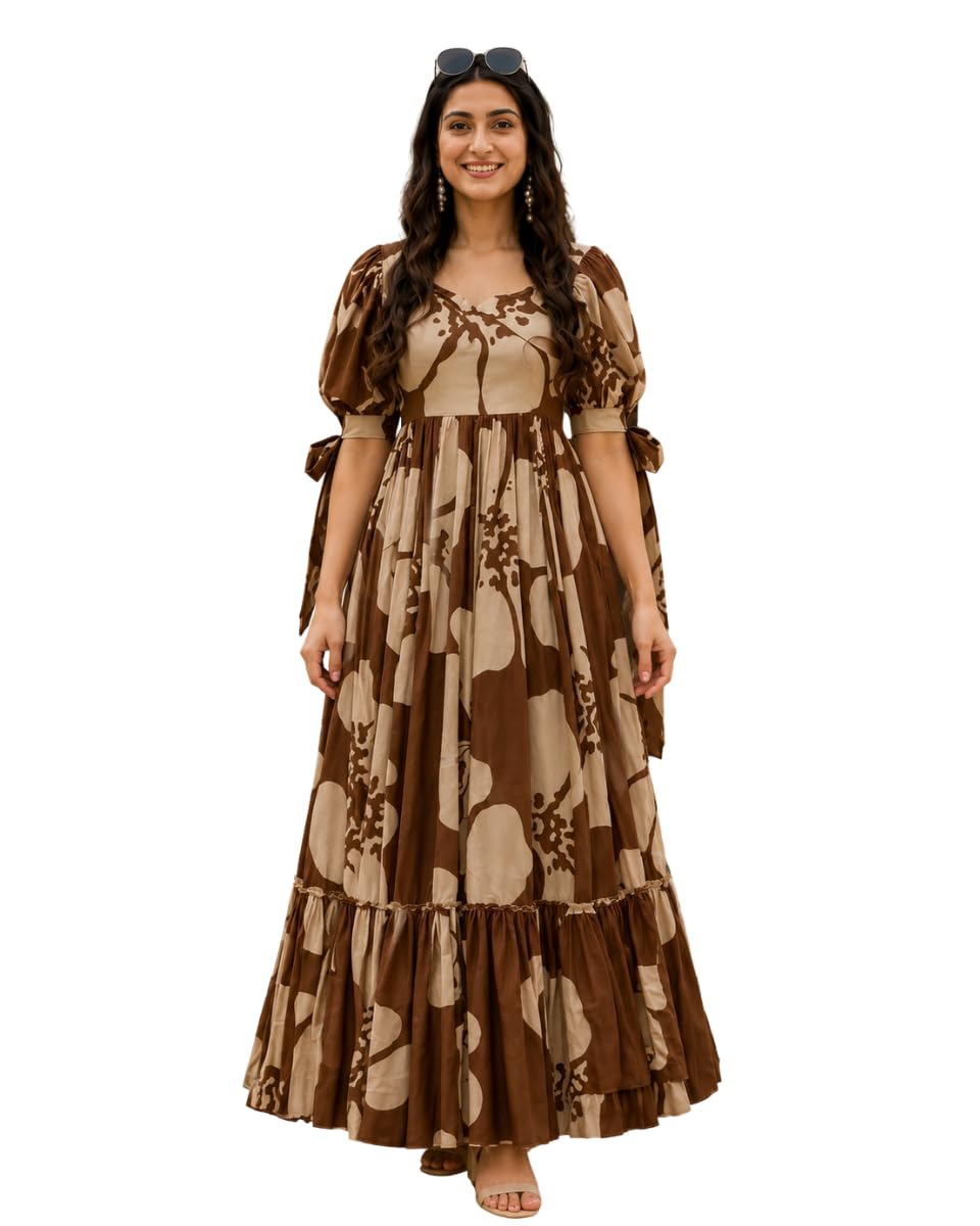 modestouze attires Women's Floral Pattern Rayon Blend Maxi Dress with Sweetheart Neck Half Puff Sleeve Floor Length and Zipper Closure Type | Maxi Dress for Women Stylish | Dress for Women-picture-31