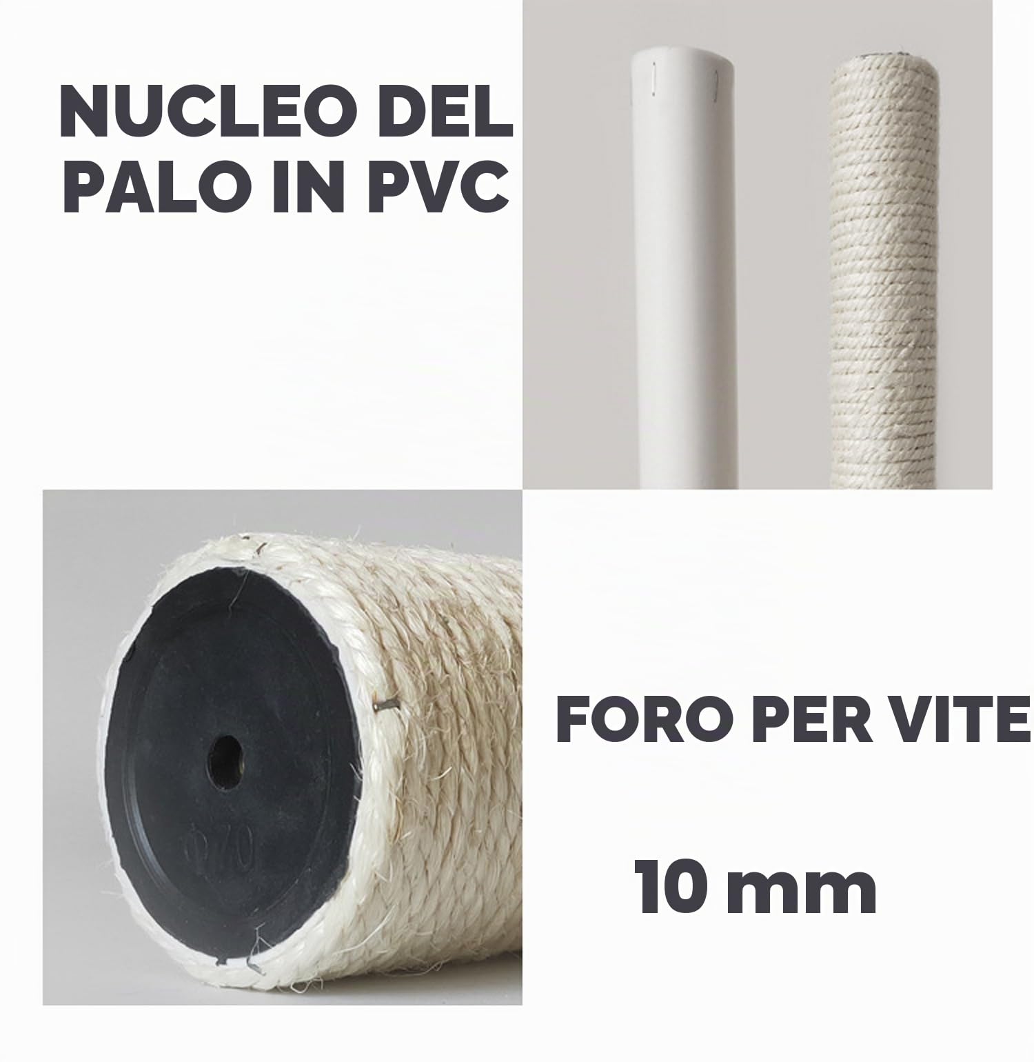 2 pali di ricambio M10 per tiragraffi in sisal da 10 mm, per fai da te, bulloni M10, robusti tubi in PVC, viti incluse (8,5 x 30 cm)