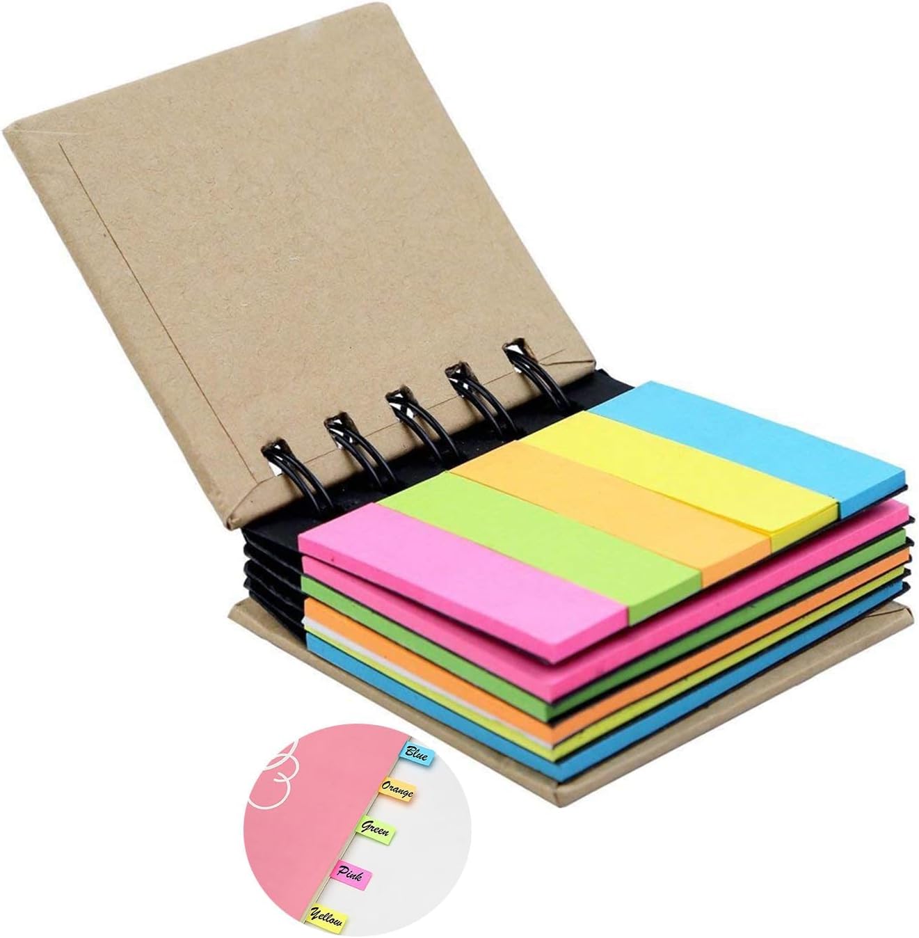Sticky Notes, Spiral Sticky Note Pad with Spiral Binding, 5 Color Paper Sticky Note Set, Tabs Stickers Primary Colors, (125 Sticky Notes and Color Strips)