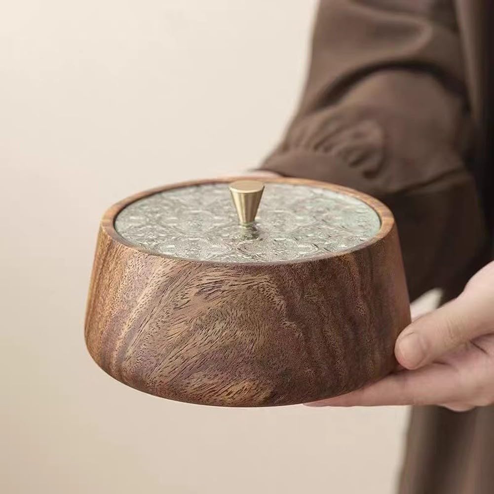 RichVibe Aufbewahrungsbox aus Holz für runde Schüssel, Walnuss, 13,5 x 12 x 7 cm, Snack-Obst-Aufbewahrungsbox mit Deckel, braunes Luxus-Nuss-Tablett für Zuhause oder Party