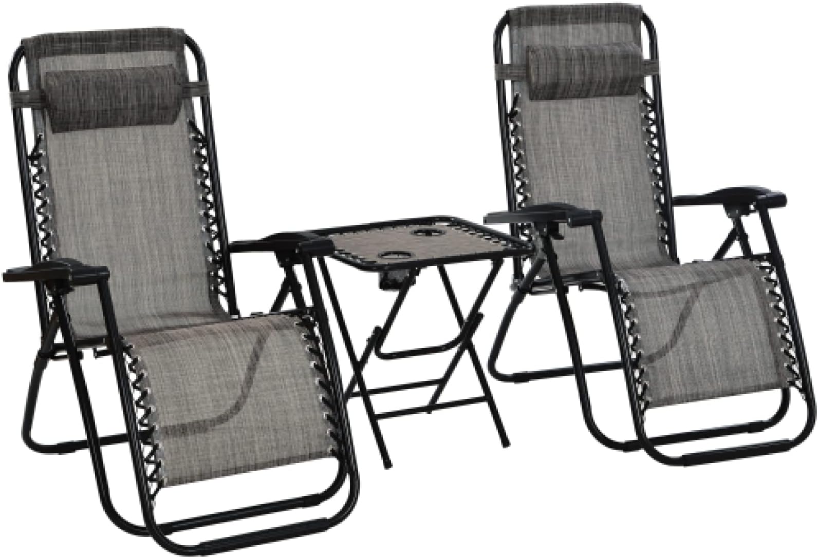 Leisure Zone 2 x Reclining Garden Chair, for Beach Outdoor Camping Relaxing, Chairs with Table Beach Sun Lounger Folding & Reclining Sun Loungers Recliner Chairs Weatherproof(Chair with Table),grey