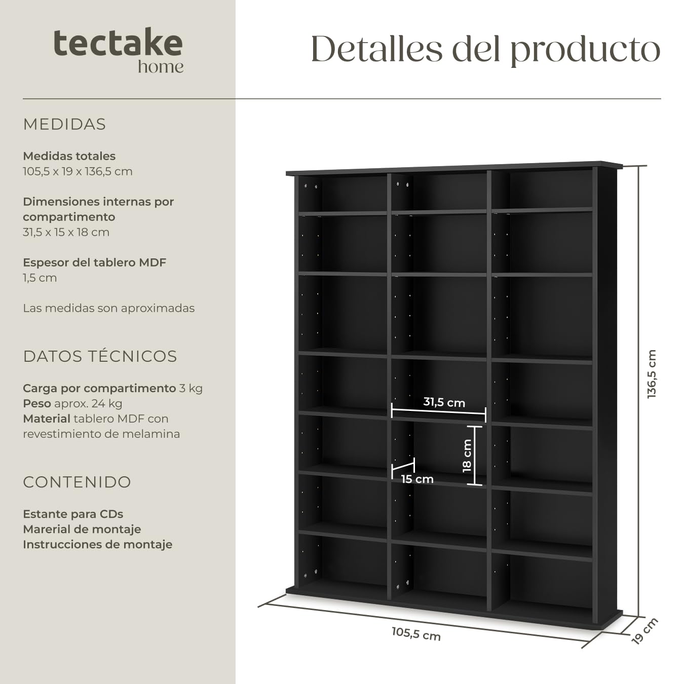 tectake® Estantería Pared con Efecto Madera, 21 Compartimentos, Estantes Ajustables en Altura y Extraíbles, Estantería Libros y Cds, Elegante Mueble Almacenaje, Superficie Resistente - Negro